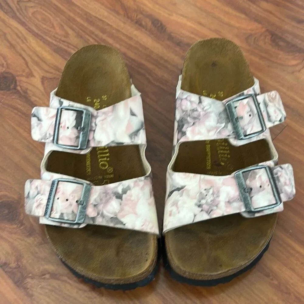Papillio by Birkenstock pink floral slip on sandals, size 37 ladies 6 men's 4